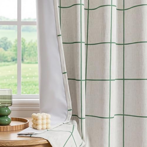 MYSKY HOME 100% Blackout Plaid Linen Farmhouse Curtains 45 Inches Long 2 Panels - Double Layer Thermal Insulated Checkered Print Grommet Top Drapes for Living Room Bedroom, Pack-2, 52" Wide, Green - color: Green, size: 52"W x 45"L (Pack of 2)
