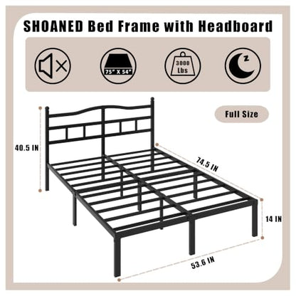 SHOANED 14 Inch Metal Bed Frame - Full Size Heavy Duty Bedframe with Headboard Black Basic Steel Slats Platform No Box Spring Needed/Easy Assembly/Noise Free - size: Full, style: 14 Inch with Headboard
