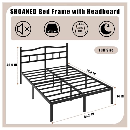SHOANED 14 Inch Metal Bed Frame - Full Size Heavy Duty Bedframe with Headboard Black Basic Steel Slats Platform No Box Spring Needed/Easy Assembly/Noise Free - size: Full, style: 14 Inch with Headboard