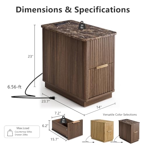 win2win Narrow End Table with Charging Station, Fluted Drawers, Walnut | Tall Small Side Table with Storage , Mid-Century Modern Nightstand with Faux Marble Top , Wood Beside Table for Living Room - color: Walnut