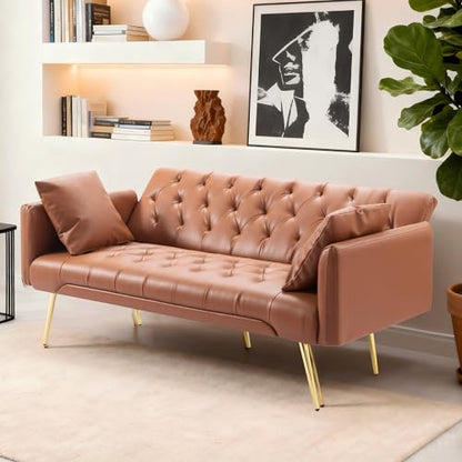 Anwick 72''Modern Velvet Sofa Bed Futon,Convertible Folding Sleeper Couches with 3 Adjustable Backrests,Tufted Recliner Loveseat with Golden Chrome Legs for Living Room Apartment Office (Brown) - color: Brown