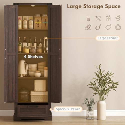 HOMCOM 71" Tall Kitchen Pantry Storage Cabinet Barn Doors Drawer Brown | Farmhouse, Adjustable Shelves, Freestanding Food Pantry Cabinet, for Kitchen, Dining Room - color: Brown