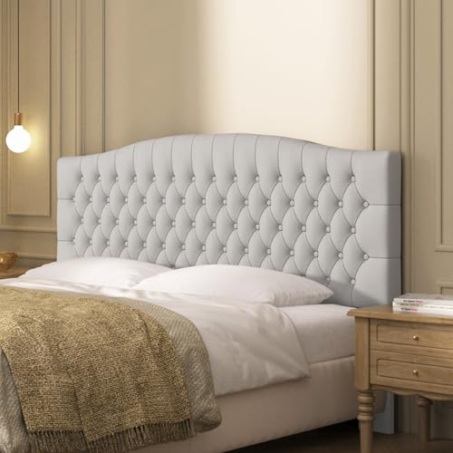 Furpopup Velvet King Size Headboard Only, Upholstered Wall Mount Light Gray | 2 ways to use:Wall-mounted (for adjustable bed) and bed frame mounted, Easy to assemble, Classic button design headboard - color: Light Gray/Taupe-velvet, size: King