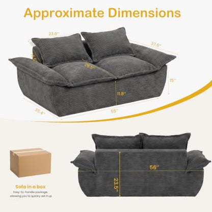 Boneless Loveseat 56", 2-Seater Gray Boneless Sofa with Removable Cushions & 2 Pillows, Small Boneless Couch Compress Foam Sofa for Living Room, Apartments, & Office - color: Grey, size: Loveseat（56")