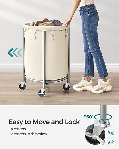 SONGMICS Laundry Basket, Rolling Steel Frame with 2 Locking Wheels, 110 L | Heavy-Duty Laundry Hamper Cart with Removable Bag, Cream White and Metallic Silver, URLS002W01 - color: Cream White + Metallic Silver, size: 110 L (1-Section)