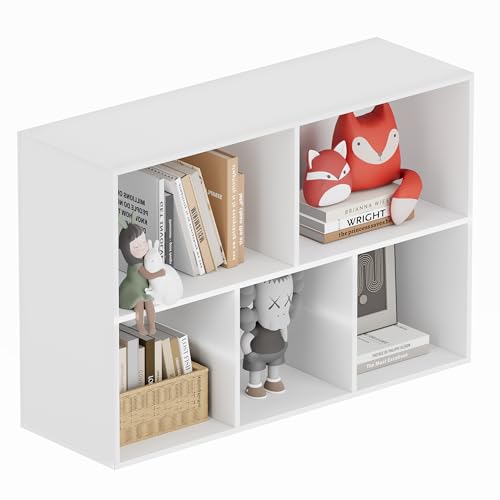 Book Shelf, Wooden Cube Storage Organizer with 11" Open Cubes, Stackable Modular Bookcase for Room Divider Storage, 2 Tier Bookshelf for Living Room, Bedroom, Office (White, 5-Cube) - color: White, size: 5-Cube