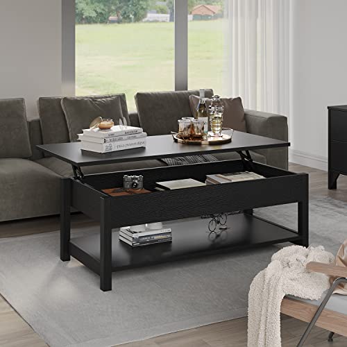 Panana Lift Top Coffee Table with Hidden Compartment and Open Shelf, Lift Tabletop Pop-Up Tea Table for Living Room, 45.28" L, Black - color: Black