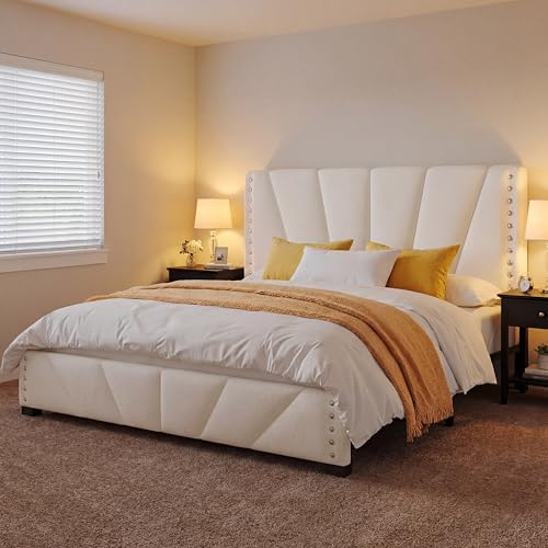 EnHomee Queen Bed Frame with LED Lights & USB, Noise-Free, Beige | Adjustable Velvet Headboard,Under-Bed Space, Heavy Duty Support with 12 Slats, No Box Spring Needed, Easy Assembly - color: Beige, size: Queen (U.S. Standard)