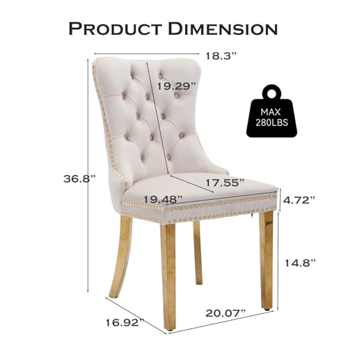 Velvet Upholstered Dining Chairs Set of 4, Modern Style Kitchen Side Chairs with Nailhead Trim and Gold Plated Leg, Metal Pulling Ring for Dining Room Living Room(Beige-Gold Plated Leg) - color: Beige-gold Plated Leg, size: Set of 4
