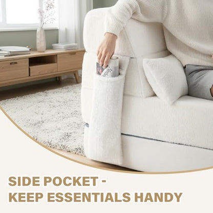 Convertible Folding Sofa Bed Mattress with Pillow & Side Pocket, Plush Fabric Floor Mattress Couch Bed, Washable Cover, Twin Size, Beige - color: Plush Beige, size: Twin Size