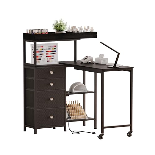 L-Shaped Manicure Table with Power Outlets,Nail Desk for Nail tech | Rotating Nail Workstation on Wheels with Charging Station,Nail Table with drawers & shelves for Home,Makeup Beauty Salon - color: Black