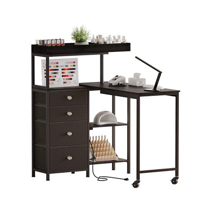 L-Shaped Manicure Table with Power Outlets,Nail Desk for Nail tech | Rotating Nail Workstation on Wheels with Charging Station,Nail Table with drawers & shelves for Home,Makeup Beauty Salon - color: Black