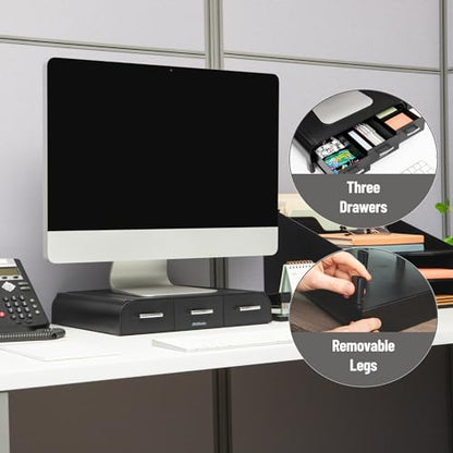 Mind Reader Monitor Stand, 3 Storage Drawers, Desktop Organizer, Riser, Office, 13.5"L x 13"W x 4"H, Set of 2, Black - size: 2 Pack