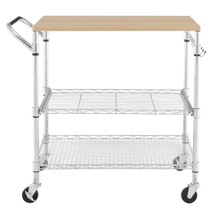 3 Tier Rolling Kitchen Cart with Wood Tabletop, Kitchen Island Carts with Wheels & Slider Shelf, Microwave Cart on Wheels, Coffee Cart with Hooks, 35.4" L*18.1" W*31.9" H，Wood+Chrome - size: 35.4"L*18.1"W*31.9"H with Slider Shelf