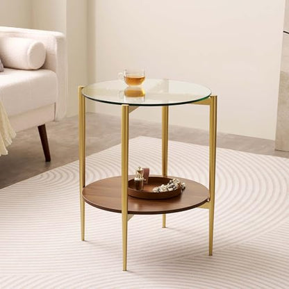 LumFurn D18in Round Glass End Table, Mid-Century Modern Design Side Table for Living Room, D18xH23inch, Clear Glass and Walnut MDF Wood, Conical Legs with Gold Finish Frame - color: D18" Clear & Walnut