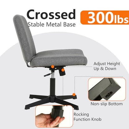 FDW | Criss Cross Chair Without Wheels | Grey | Armless Desk Chair | With Wide Seat, 360 Swivel, Height Adjustable & Stable Metal Base | for Office, Home Office, Vanity Seating | Pack of 1 - color: Grey, style: Without Wheels
