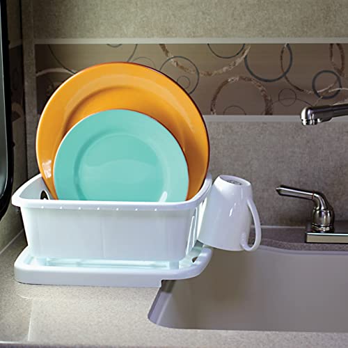 Camco RV Mini Dish Drainer & Tray - Features a Sloped Drain Tray Design, Heavy-Duty Construction - Ideal for Small Spaces, Apartments, Boats, and More -9.5"L x 11.7"W x 4.75"H - White (43511)