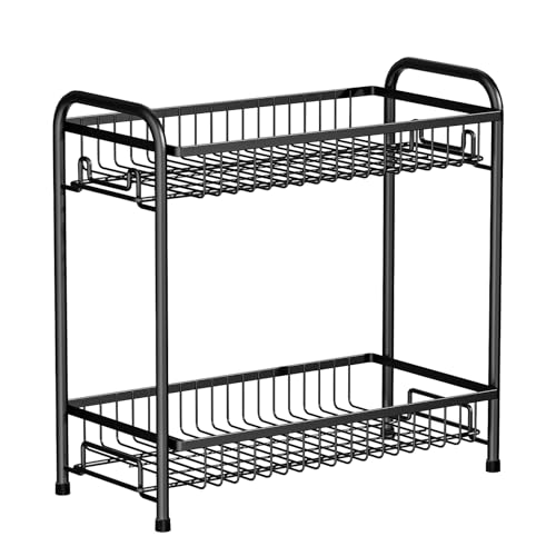 Spice Rack for Countertop, 2-Tier Standing Sturdy Metal Seasoning Organizer Holder, Space Saving Spice Shlef for Kitchen, Cabinet, Pantry Storage, Easy Assembly, Black