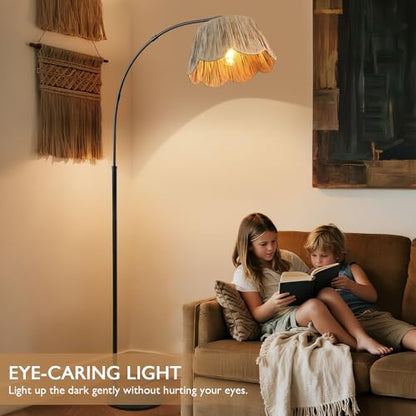 Boho Rattan Floor Lamps for Living Room,Arc Floor Lamp with Hand Woven Shade,70'' Tall Lamp with Black Metal Stand,Foot Switch,Farmhouse Standing Lamp for Bedroom,Over Couch Reading Light,Nursery