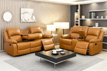 A Ainehome Recliner Sofa Set Living Room Manual Reclining Sofa Bonded Leather Loveseat Chair Sectional Couch for Living Room/Home (A-Ginger Leather, Sofa+Loveseat) - color: A-ginger Leather, size: Sofa+Loveseat