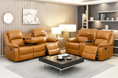 A Ainehome Recliner Sofa Set Living Room Manual Reclining Sofa Bonded Leather Loveseat Chair Sectional Couch for Living Room/Home (A-Ginger Leather, Sofa+Loveseat) - color: A-ginger Leather, size: Sofa+Loveseat