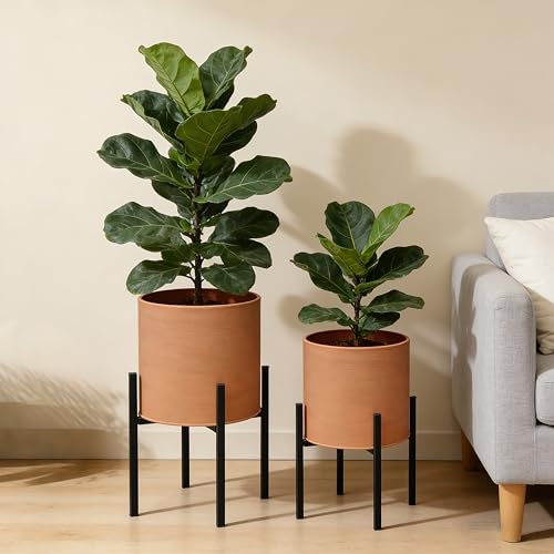 ARNIS Modern Plant Pots, Large Planters with Stand, Set of 2 Decorative Planters, Metal Pots with Drainage Holes for Living Room, Office, Garden or Balcony, 10.5 &12.25 Inch, Terracotta - color: Terracotta, size: 10.5 &12.25