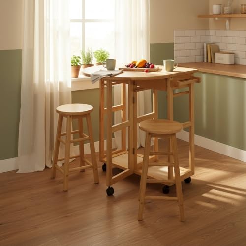 Furnifact Space-Saving 3-Piece Drop Leaf Dining Set, Solid Wood Table & 2 Round Stools, Brown