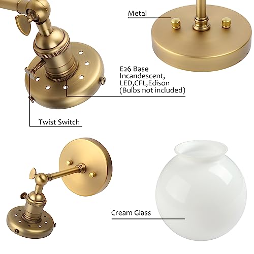 Hardwired Wall Sconce with White Globe, Brass Bathroom Vanity Light with On Off Switch, Vintage Wall Light Fixtures for Living Room Loft Hallway