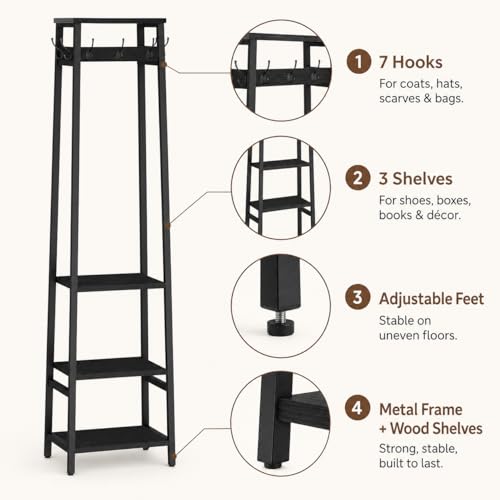 Coat Rack Freestanding with 3 Shelves and 7 Hooks | Coat Stand, Hall Tree Free Standing, Clothes Rack Stand Organizer, Industrial Style, Black - color: Black, style: 3 Shelves