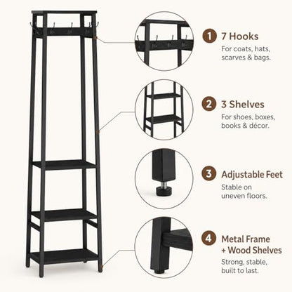 Coat Rack Freestanding with 3 Shelves and 7 Hooks | Coat Stand, Hall Tree Free Standing, Clothes Rack Stand Organizer, Industrial Style, Black - color: Black, style: 3 Shelves