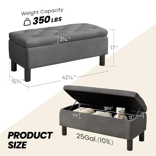 Storage Bench, Upholstered Linen Ottoman Bench with Button-Tufted, Folding Bedroom Bench with Wood Legs, Entryway Bench for Bedroom, Grey - color: Grey