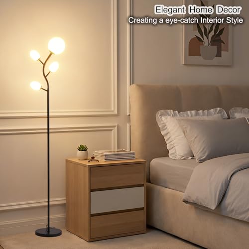 Fiqevs 4 Globe Floor Lamp for Living Room, Mid Modern Standing Tree Lamp | 3000K Warm White Light, 4 LED Bulbs Included, Sphere Ball Frosted Glass Shade Tall Lamp for Bedroom/Office, Matt Black - color: 4 Globe Tree- Black