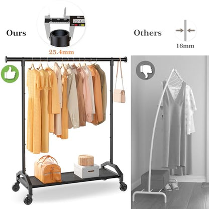 Wiracks Clothes Rack Clothing Racks for Hanging Clothes Heavy Duty Clothes Rack Hanger Rack 200lbs Capacity Industrial Wheels 1" Pipe,Rolling Garment Rack Portable Clothes Rack Black