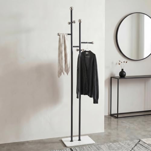 Entryway Coat Rack Freestanding, Black Metal Marble Base | 1.0mm thickened black metal tree with 8 stainless steel hooks. Anti-toppling heavy marble base for modern entryway. - color: black and white