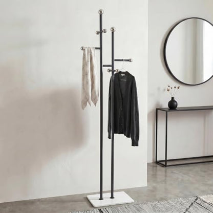 Entryway Coat Rack Freestanding, Black Metal Marble Base | 1.0mm thickened black metal tree with 8 stainless steel hooks. Anti-toppling heavy marble base for modern entryway. - color: black and white