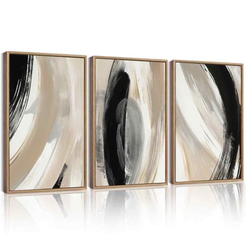 KUVIOKE Black Abstract Framed Wall Art Neutral Minimalist Graffiti Pastel Wall Decor Modern Illustration Art Painting for Bedroom Dining Room 16x24in (Natural Framed) - color: Black Abstract, size: 16 x 24in x 3 Panels Natural