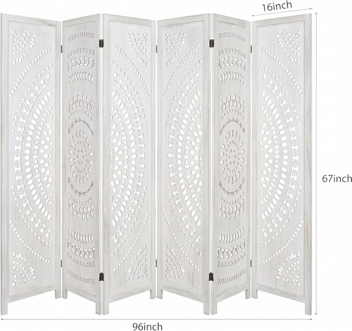 6 Panel White Room Divider, 67 Inch Wood Carved Privacy Screen, Bohemian Style Folding Room Divider, Portable Partition Wall Divider for Room Separation (White)