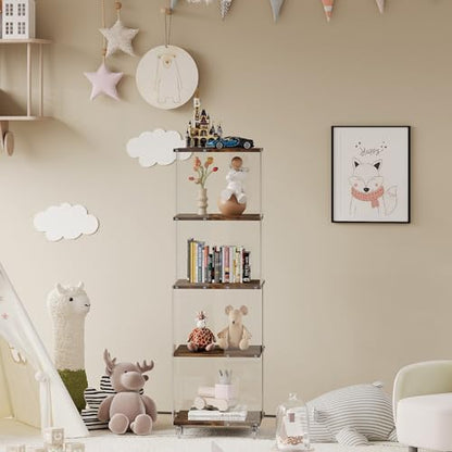 Acrylic Display Shelf with Wheel,4 Tier Bookshelf Storage Rack,Wood Shelves | Clear Acrylic Panels And Wood Shelves Create An Elegant Display Space For Books, Collectibles, Plants And Home Decor. - size: 4-Tier
