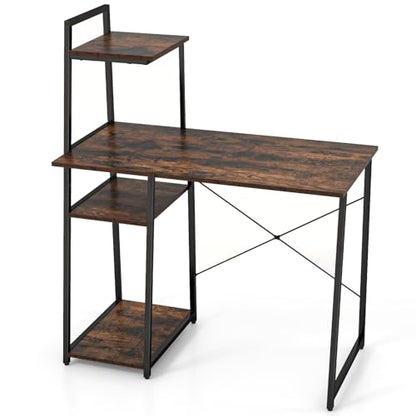 Tangkula Computer Desk with Shelves, Space Saving Home Office Desk with 3-Tier Ladder Shaped Storage Bookshelf, Modern Writing Study Desk with Metal Frame, Compact Computer Workstation (Rustic Brown) - color: Rustic Brown