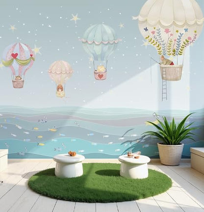 ASJ Kids Nursery Peel and Stick Wallpaper Mural, Hot Air Balloon Bear Blue | Seamless edge-to-edge match. Ocean waves & fish dreamy artwork, 177x102 in, premium fabric, boys girls playroom. - color: Soft Blue, size: 177" x 102"