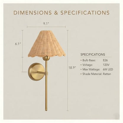 Rattan Wall Sconce Set of 2, Hardwired Boho Wall Sconces with Handwoven Rattan Shade, Gold Wall Lights for Bedroom, Bedside, Hallway, Living Room - size: Hardwired