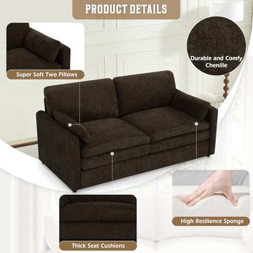 69" Chenille Soft Sofa w/Well-Filled Backrests, Brown | Modern Loveseat w/Plump Pillows, 2 Seater Upholstered Couch w/Thick & Comfy Cushions for Living Room, Bedroom - color: Brown, size: Loveseat