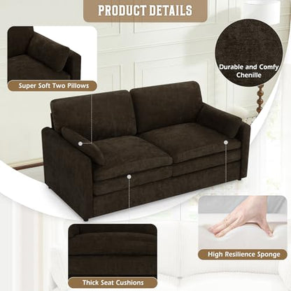 69" Chenille Soft Sofa w/Well-Filled Backrests, Brown | Modern Loveseat w/Plump Pillows, 2 Seater Upholstered Couch w/Thick & Comfy Cushions for Living Room, Bedroom - color: Brown, size: Loveseat