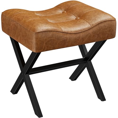 18-Inch Large Leather Vanity Stool Chair, Brown Makeup Stool | Vanity Bench, Metal X-Leg, 350 LBS, 20"x16.9"x18", Ottoman Accent Stool, Thick Padded Saddle Seat, For Living Room Bedroom - size: Large, style: Brown Leather
