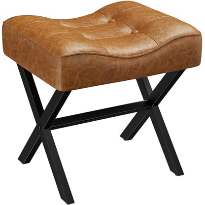18-Inch Large Leather Vanity Stool Chair, Brown Makeup Stool | Vanity Bench, Metal X-Leg, 350 LBS, 20"x16.9"x18", Ottoman Accent Stool, Thick Padded Saddle Seat, For Living Room Bedroom - size: Large, style: Brown Leather