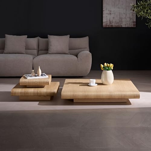 39.37" Modular Stacking Coffee Table for Living Room, Modern 3-Piece Wooden Square Center Table with Natural Wood Look, Tea Table for Apartment, No Need Assembly (Natural) - color: 39.37" Modular Stacking Coffee Table