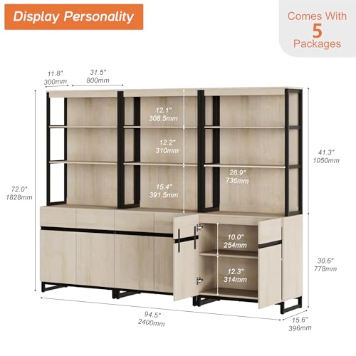 WAMPAT 3 PCS Modern 72" Tall Bookshelf with Metal Base and Adjustable Shelves, Library Bookcase with Storage Cabinet and Open Book Shelfs, Wood Bookshelves for Home Office, Living Room, Beige - color: Beige-a, size: 3 PCS