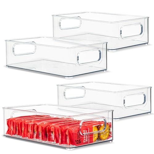 Plastic Food Storage 4 Pack Clear Container Bin with Handles for Organizing Kitchen, Pantry, Refrigerator, Freezer, Pantry, Cabinet, Closet, Bathroom. Stackable 10”x6”x3” - size: 10x6x3
