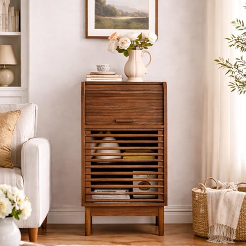 Ahokua Modern Single-Door Accent Cabinet with Curved Roll-Top and Slatted Door Design, Tall Narrow Storage Cabinet for Living Room, Entryway, Hallway, or Home Office