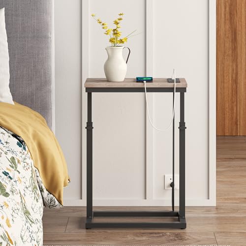 TUTOTAK End Table with Charging Station, Side Table, Tall Couch Table | Sofa Table, for living Room, Bedroom, Greige TB01BG084 - color: Greige, size: 1 Pack, style: With Plug